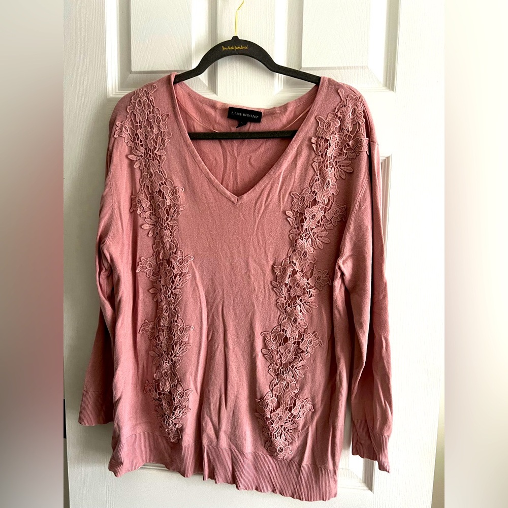 Like New Lane Bryant Pink Sweater with Embroidery Floral Lace Detail
